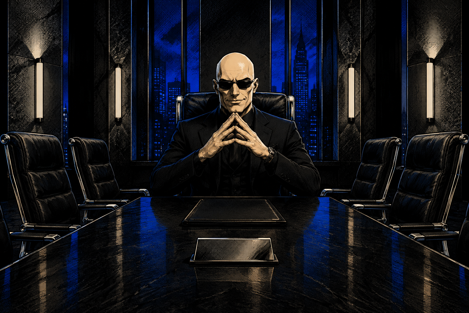 Our bald chairman sits at the head of a long boardroom table, surrounded by empty chairs and a cobalt blue skyline.