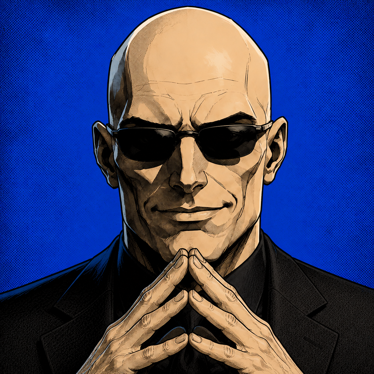 The Bald Seat chairman: angular ink portrait, black sunglasses, steepled hands and an immaculate bald head.